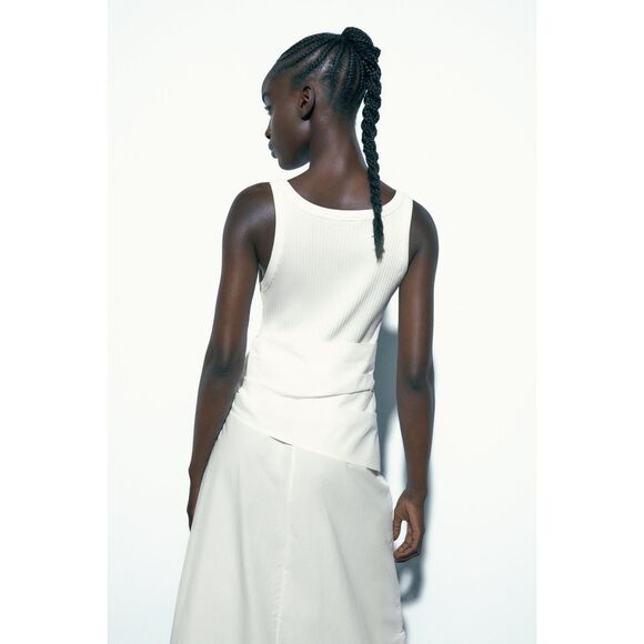 White Zara Mixed Media Ribbed Cotton Round Neck Sleeveless Tank Midi Dress (NWT) - Picture 4 of 7
